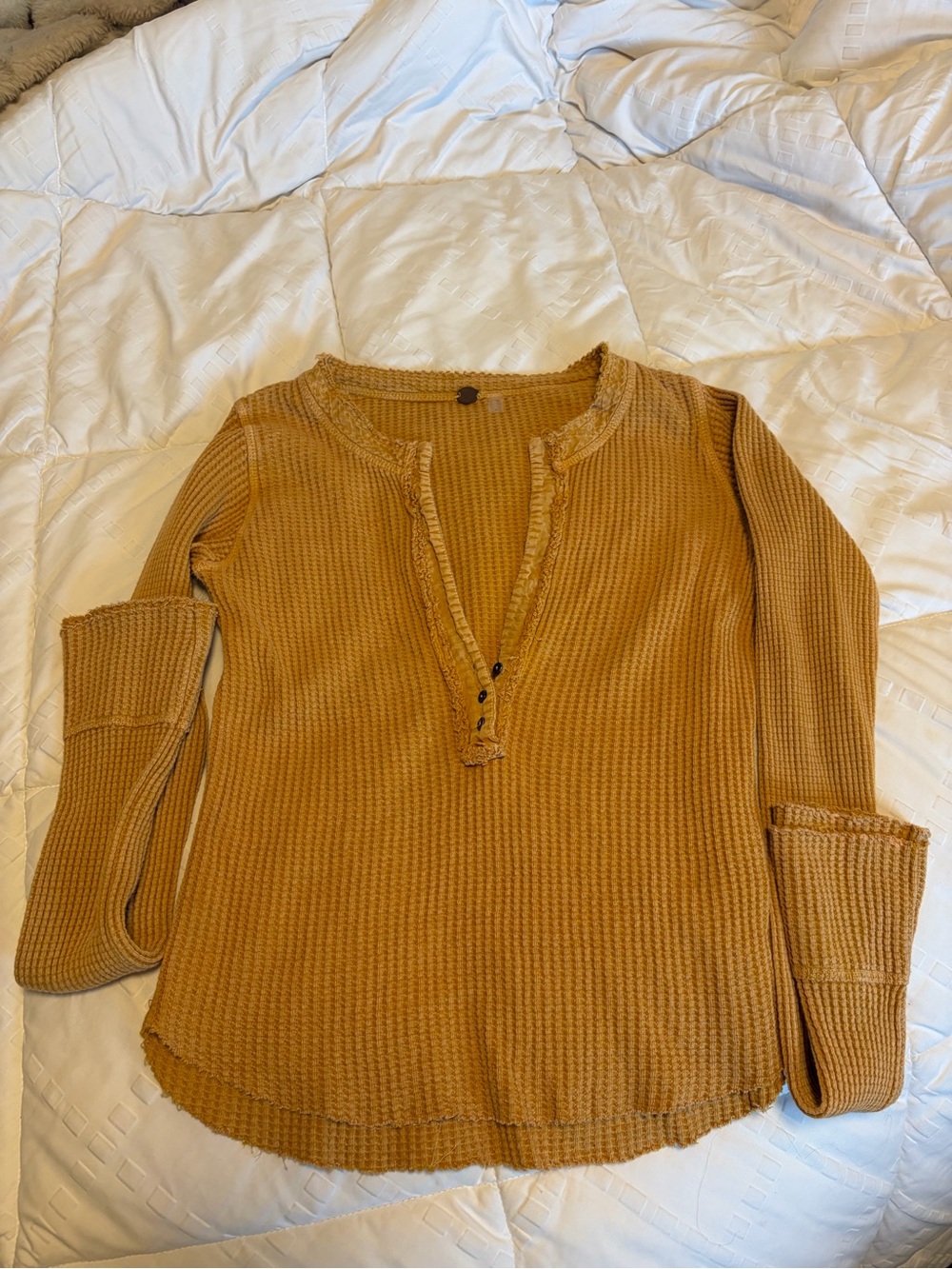 Free People Waffle Henley Long Sleeve Top in Mustard
